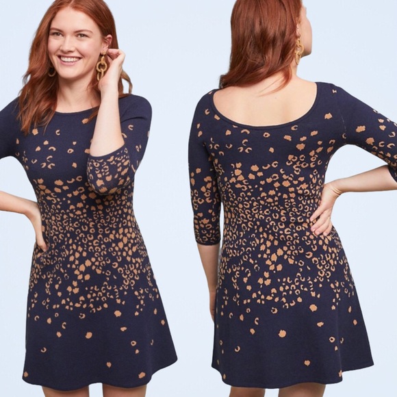 Anthropologie Dresses & Skirts - ANTHROPOLOGIE MAEVE Navy Blue Leopard Sweater Dress Scoop Back